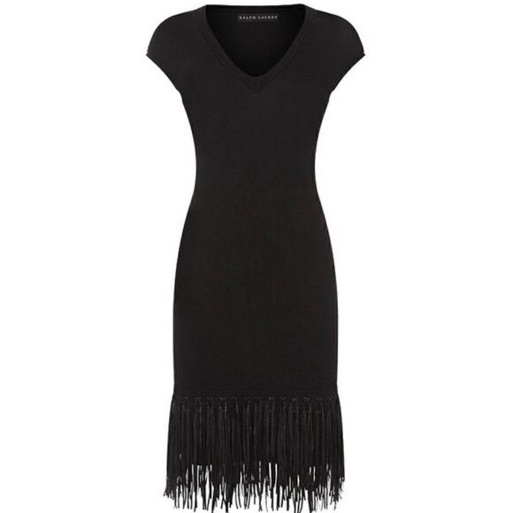 Ralph Lauren Black Lamb Leather-Fringe Silk Knit Sheath Dress - Picture 5 of 16